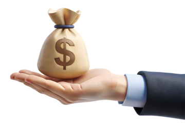 A hand in a suit holds a bag with a dollar sign on a transparent background