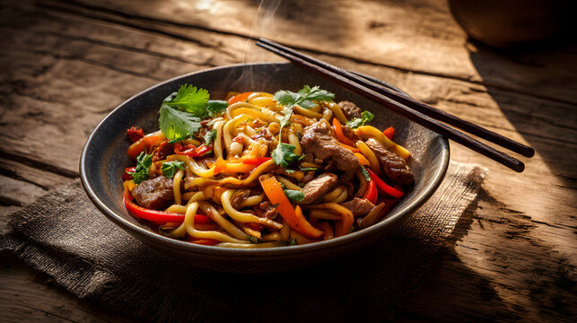 A deep ceramic bowl filled with Uyghur laghman noodles