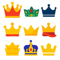 Vibrant Crown Icons. Flat vector icons of crowns: oversized fantasy crown, floral leaf crown with gems, silhouette crown with wide