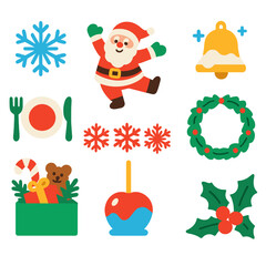 Fototapeta premium Festive Christmas Icons. Flat vector icons of Christmas holiday: snowflake cluster icon, joyful Santa dance pose, festive table