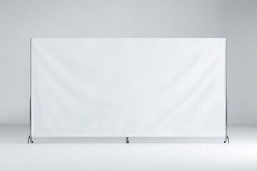 Wide horizontal conference presentation backdrop mockup, front view, large white fabric surface stretched across lightweight support structure, visible metal base stands on the floor