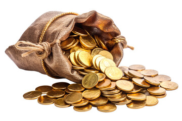 A brown sack overflowing with shiny gold coins is isolated on a transparent background