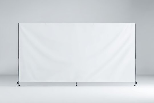 Wide horizontal conference presentation backdrop mockup, front view, large white fabric surface stretched across lightweight support structure, visible metal base stands on the floor