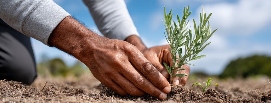 Close-up of a farmer's hand placing a seedling into fertile soil, capturing the essence of agricultural development under a blue sky