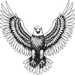 High-resolution black ink line art of a majestic eagle with extended wings, sharp feathers and focused eyes, bold and powerful look,