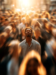 Young African-American man with closed eyes standing still amidst a fast-moving crowd, shallow depth of field and motion blur, golden light, copy space, aspect ratio 9:16