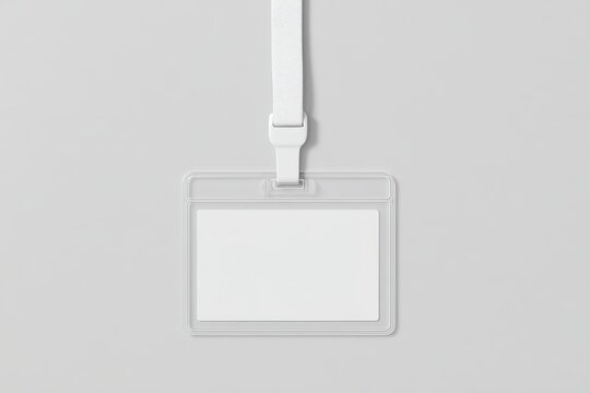 A horizontal transparent plastic ID card holder with a blank white card inside, hanging from a plain white lanyard, centered and viewed from the front, on a smooth, light gray, textureless background