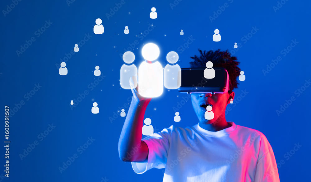 Poster a creative representation of a diverse individual using a virtual reality headset to connect with fl