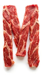 Letter М laid out with pieces of meat on a white background. 