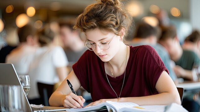 Young woman with curly hair studies at a cafe, taking notes and working on a laptop under warm lighting to succeed in her goals