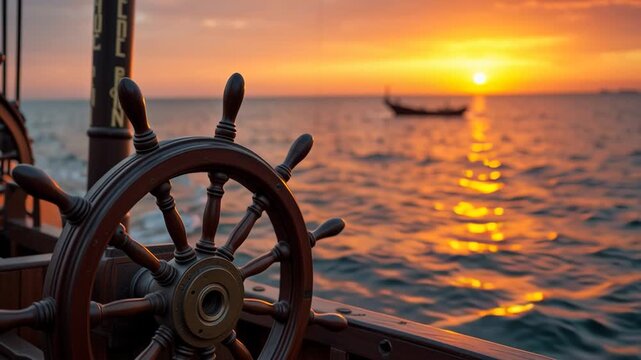 Sunset sails over tranquil waters with a ship's wheel in the foreground near a tropical shore