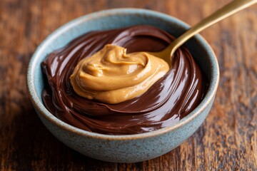 Swirling Peanut Butter into Melted Dark Chocolate in Rustic Ceramic Bowl