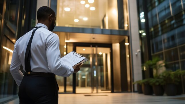 Guard holding clipboard at corporate building entrance during business hours,