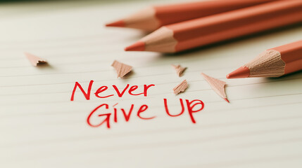 A message of encouragement, "Never Give Up", written on lined paper with wooden colored pencils and shavings. A reminder of persistence and determination.