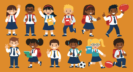 Adobe illustrator vector flat style illustration of a diverse set of elementary school students in uniform, perfect for education, youth, and back-to-school concepts