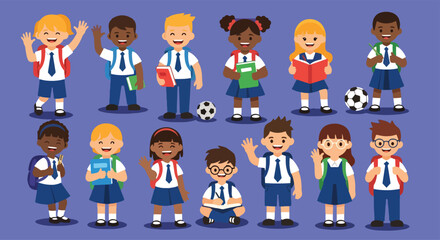 Adobe illustrator vector flat style illustration of a diverse set of elementary school students in uniform, perfect for education, youth, and back-to-school concepts