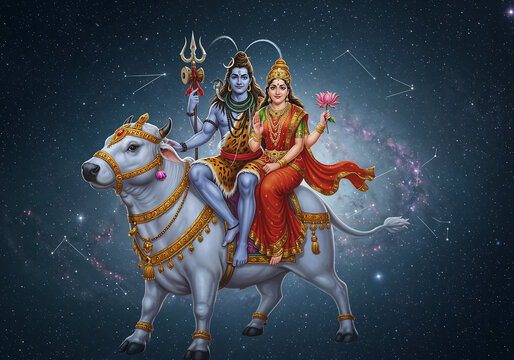 Shiva and Parvati Riding Nandi Through Cosmic Space with Stars Galaxies and Divine Journey