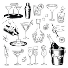 Collection of hand drawn cocktail glasses bottles and bar accessories in a vintage sketch style