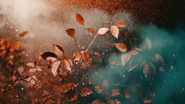 A bunch of leaves floating in the air, free and effortless