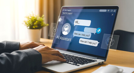 Person using laptop with ai assistant chatbot on screen and plant in background on a wooden table