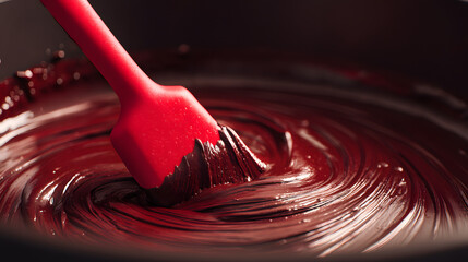 A flexible red silicone spatula resting inside molten chocolate