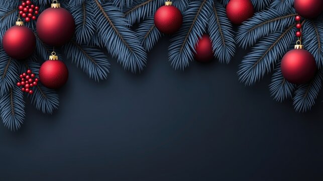 Christmas frame with red bauble ornament collection and pine branch on dark background for new year card. - Powered by Adobe