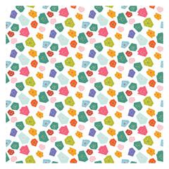 A colorful seamless playful pattern of hexagonal and floral shapes in vibrant pink, green, blue, and orange against a white background surface design,