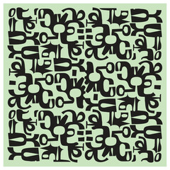 An abstract seamless design featuring intricate, interlocking black shapes on a light mint green background, creating a rhythmic pattern.