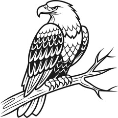Obraz premium Bold black and white illustration of an eagle perched on a branch.