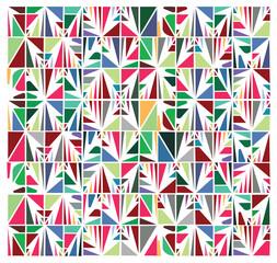 A vibrant repeat geometric pattern with colorful triangles and shapes arranged in a grid format, featuring bold reds, greens, blues, and yellows on white background