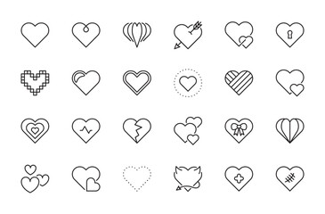 Heart icon set. Love, romance, hearts, romantic, falling in love, sympathy, Valentine concept. Decorative element sign, symbol. Vector illustration. Editable stroke. Flat design.