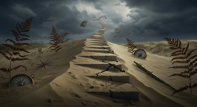 Dramatic stairway to the sky with compasses and stormy clouds, representing travel and adventure