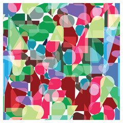 A vibrant repeat abstract geometric pattern of overlapping colorful shapes circles, squares, triangles a white background, surface design.