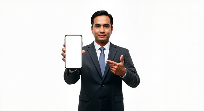 Man in a Suit Demonstrating a Digital Device with a Blank Screen on an Isolated Background for Business Purposes