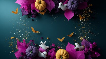 Festive Halloween spooky frame with pumpkins, ghosts, and bats. Holiday decoration with vibrant elements. Dark background for card.