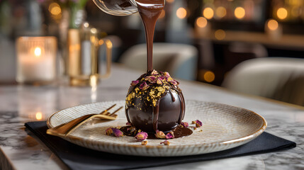 A glossy dark chocolate sphere