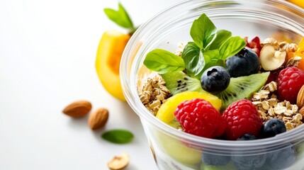 Healthy balanced clean food with fruits, nuts and grains