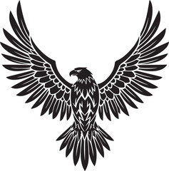 Fototapeta premium Stylized tribal eagle drawing, symmetrical design with detailed feather patterns, drawn in black on white, 