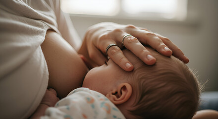 A mother breastfeeds her baby, holding the child close with her hand.