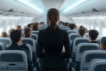 Onboard Flight: Flight attendant standing in aisle of a passenger airplane with seated passengers, rear view, focused on the crew member.