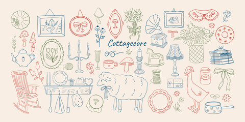 Set of hand drawn whimsical cottagecore illustrations. Line art drawings of vintage counryside elements. Rocking chair, frames, candles, sheep, goose clip art. Coquette vector graphic for card, poster