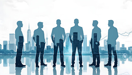Business team looking out at a modern cityscape, representing collaboration and success.