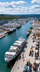 Large container ship being unloaded at a bustling port with cranes and other ships docked, set against a dramatic sky