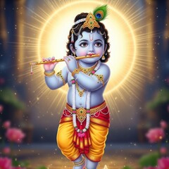 Fototapeta premium adorable baby krishna playing flute with divine aura