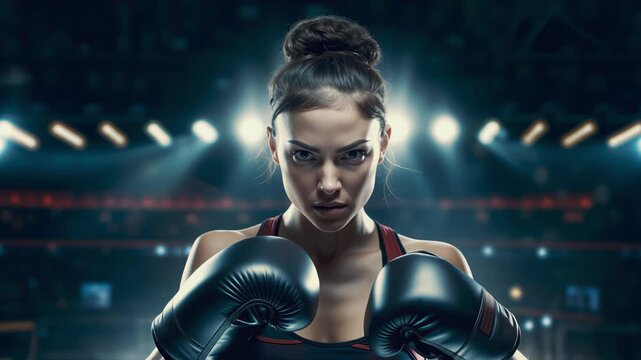 Fierce Female Boxer in Arena Spotlight &ndash; Strength and Determination