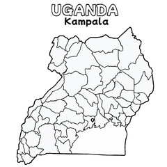 Outline of the uganda Map with State Boundaries with name and capital city for Educational Purposes and Planning in transparent and vector