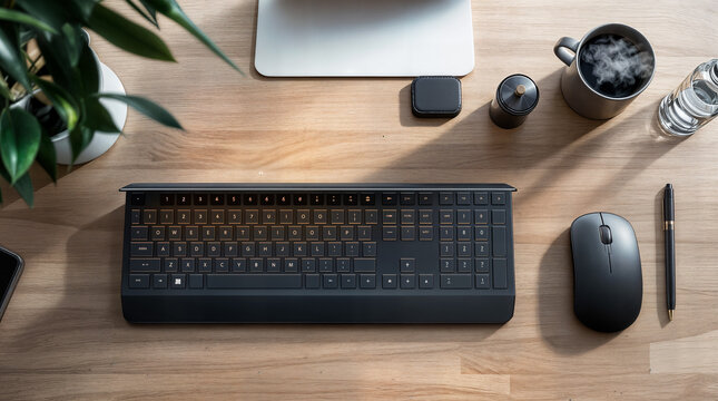 Modern Minimalist Workspace Featuring Wireless Keyboard and Mouse on Wooden Desk with Laptop, Coffee, and Green Plant - Powered by Adobe