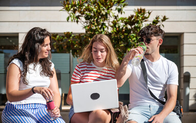 Three university students sitting together outdoors on campus with laptop and drinks on a sunny...