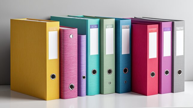Colorful ring binders arranged neatly on a shelf in a modern workspace