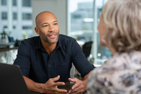 photorealistic image of professional recruiter engaged in active listening with client in modern office space, natural window lighting,
